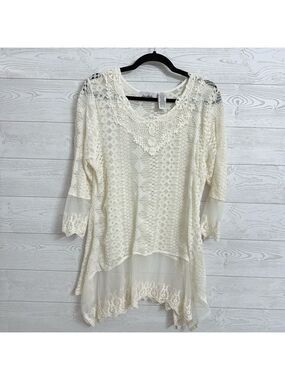 LeModa Women’s Ivory Shear & Lace Boho Top. Size M